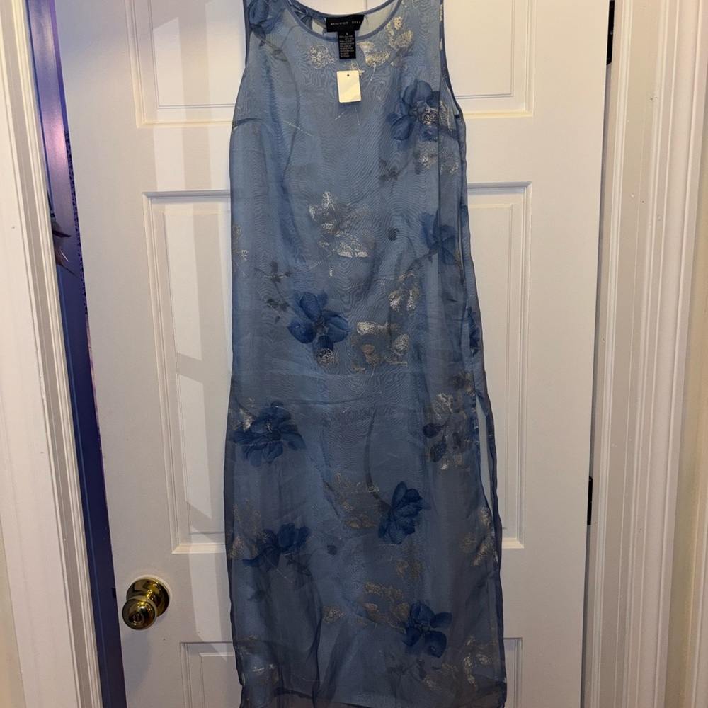100% Silk Blue and Silver Floral Midi Dress